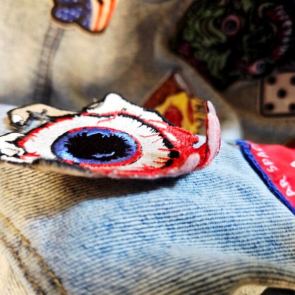 ASOS Retro Denim Jacket Patches Light Blue Space Theme Men's M 3643 - Picture 5 of 11